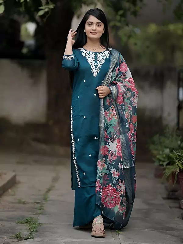 Silk Digital Print & Embroidery Premium Vichitra Kurta With Matching Palazzo And Floral Dupatta