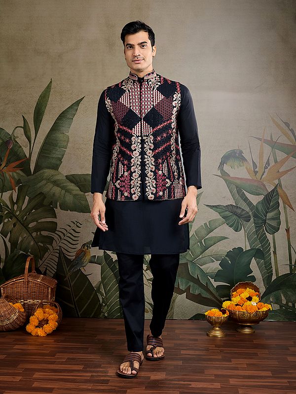 Designer Thread Swarovski Embroidery Work Viscose Silk Kurta With Jacket For Wedding Occasion