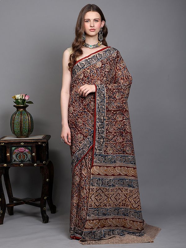 Red-Pear Handblock Kalamkari Printed Flowers Saree from Telangana