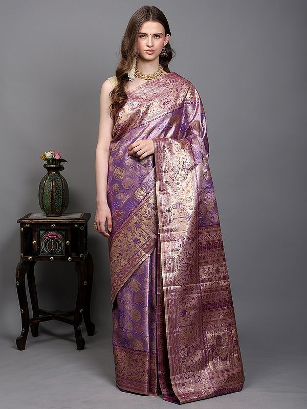 Regal-Orchid Saree from Bangalore with Woven Floral Motifs in Copper Colored Thread and Warli Art on Border-Pallu