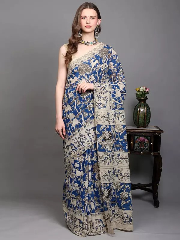 Kalamkari Saree with Printed Jungle Scene and Nandi Ox Border from Telangana