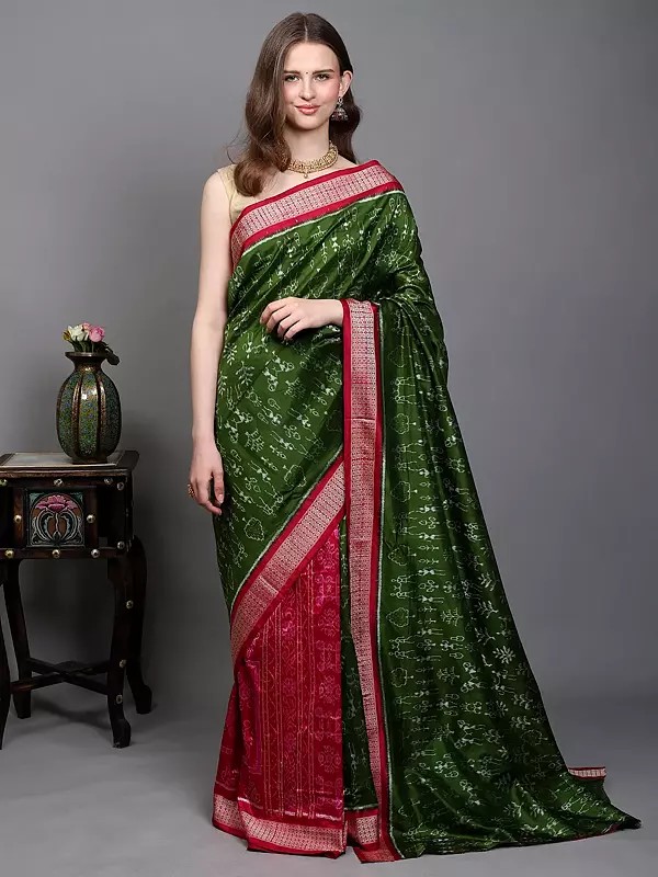 Cedar-Green Pure Silk Ikat Handloom Saree from Sambalpur with Woven Warli Art Motifs