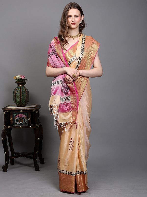 Golden-Fleece Floral Leaf Printed Maheshwari Silk Saree with Zari Woven Chevron Border from Madhya Pradesh