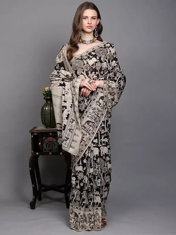 Black-Onyx Radha Krishna Print Kalamkari Saree with Jungle Scene from Telangana