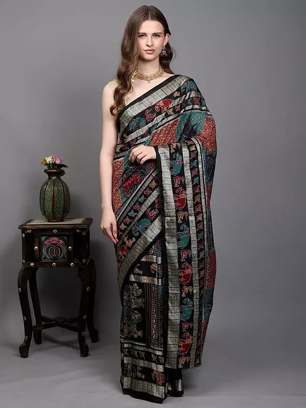 Pirate-Black Pure Silk Ikat Handloom Sambhalpuri Saree with Animals-Birds Motifs and Woven Fish Border