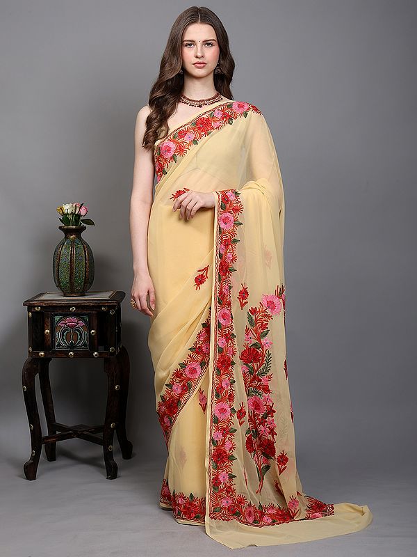 Apricot-Gelato Floral Aari Embroidered Georgette Saree from Kashmir