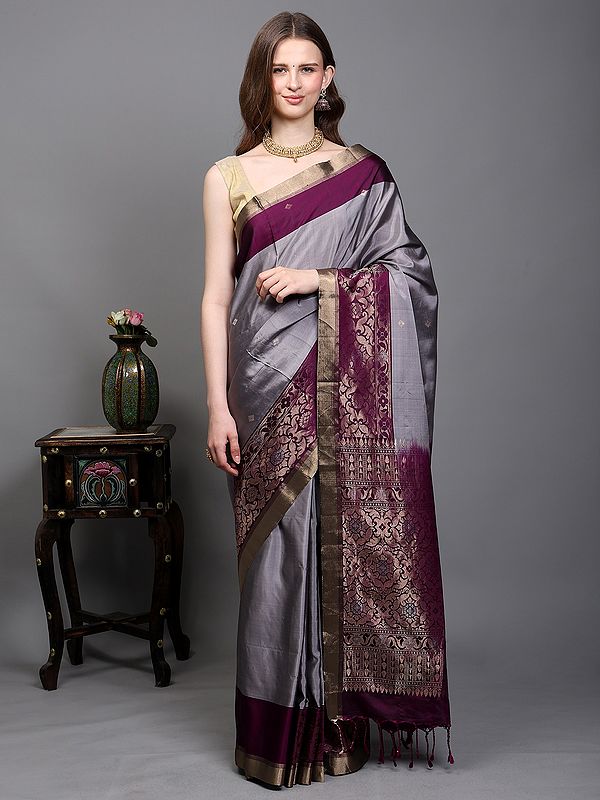 Platinum-Grey Pure Silk Saree with Zari woven Bootis and Contrast Border-Anchal from Bangalore