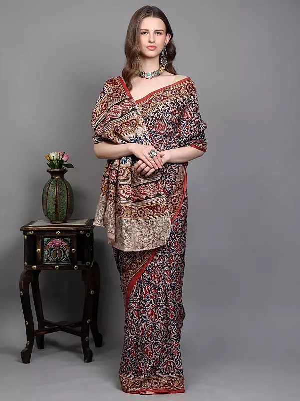 Multicolor Kalamkari Saree with Block Printed Paisleys and Flowers from Telangana