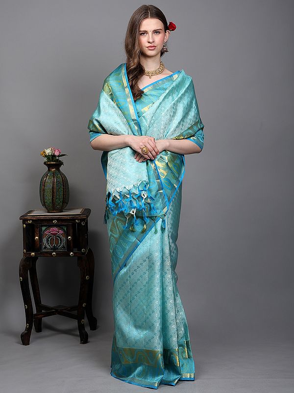 Moonlight-Jade Floral Leaf woven Pure Silk Saree and Golden Thread work Border with Paisley Motifs from Bangalore