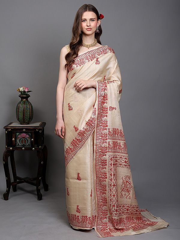 Alabaster-Gleam Kosa Tussar Silk Saree from Bengal with Hand-Block Printed Folk Tribal Musician Figures