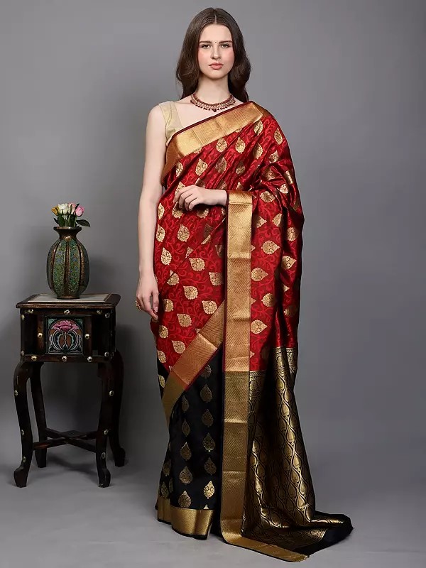 Black and Red Intricate Golden Thread work Pure Silk Saree with Woven Vine Scroll Pattern from Bangalore