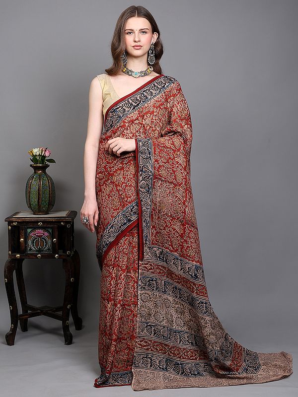 Savvy-Red Handblock Printed Kalamkari Saree with Floral Motifs from Telangana