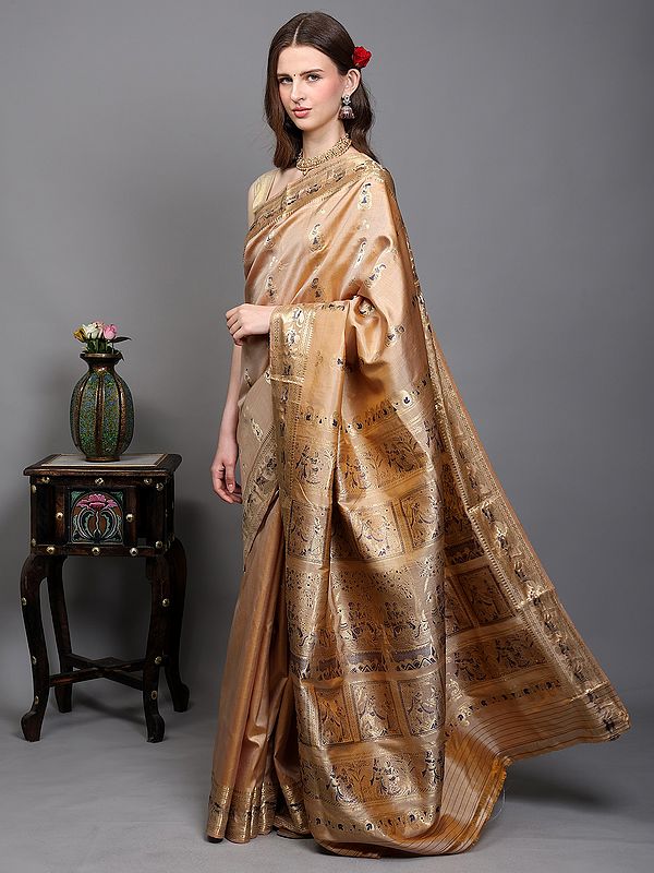 Frosted-Almond Pure Silk Baluchari Saree from Bengal with Zari Hand-woven Courtly Apsaras and Radha Krishna on Pallu