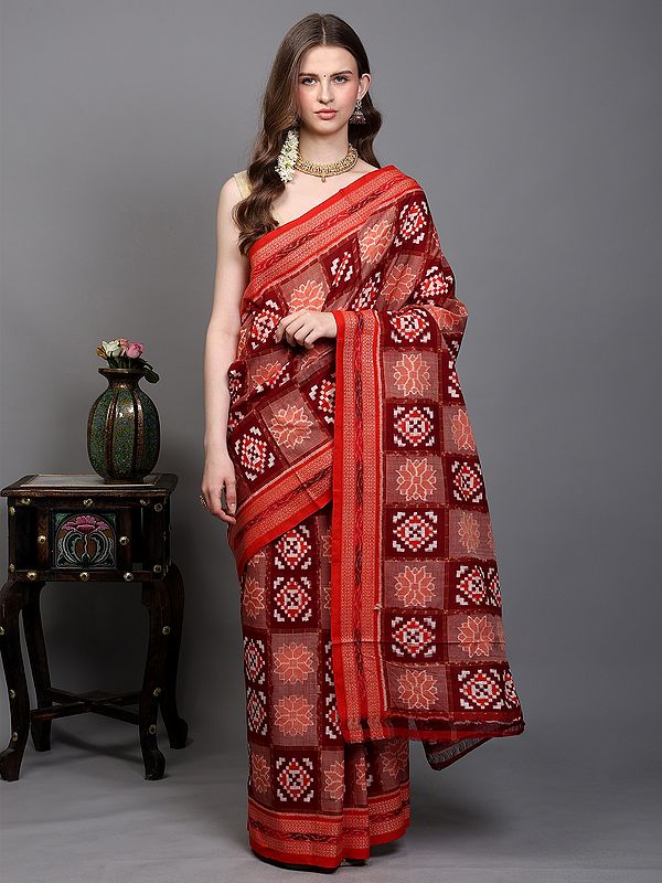 Biking-Red Pure Cotton Ikat Handloom Saree from Sambalpur with Rudraksha Woven Border