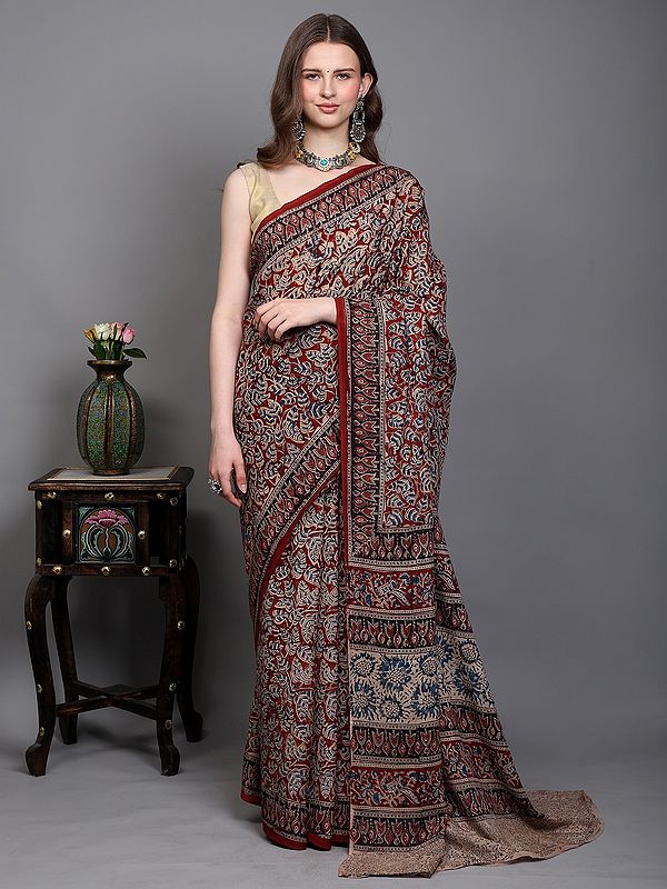 Rythmic-Red Kalamkari Saree with Printed All-Over Betel Leaf Vines from Telangana