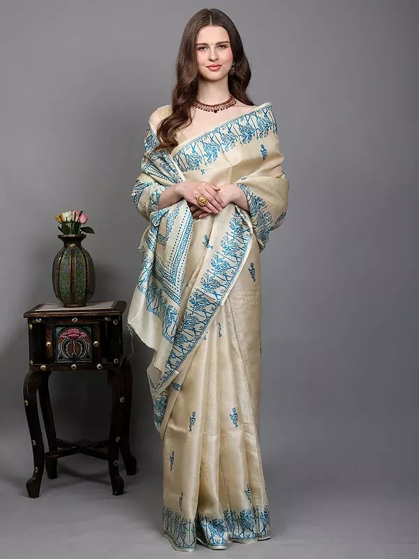 Kosa Tussar Silk Saree with Hand Block Printed Tribal Drummer Figures from Bengal