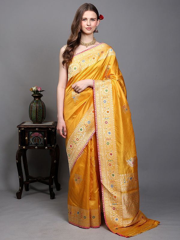 Golden-Rod Pure Silk Banarasi Saree with Woven Meenakari Floral Motifs