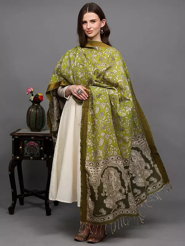 Leaf-Green Lord Ganesha Printed Kalamkari Dupatta with Floral Motifs and Zari Border from Telangana