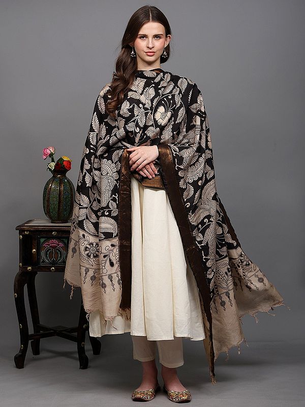 Kalamkari Dupatta from Telangana with Printed Peacock-Floral Leaf and Zari Border