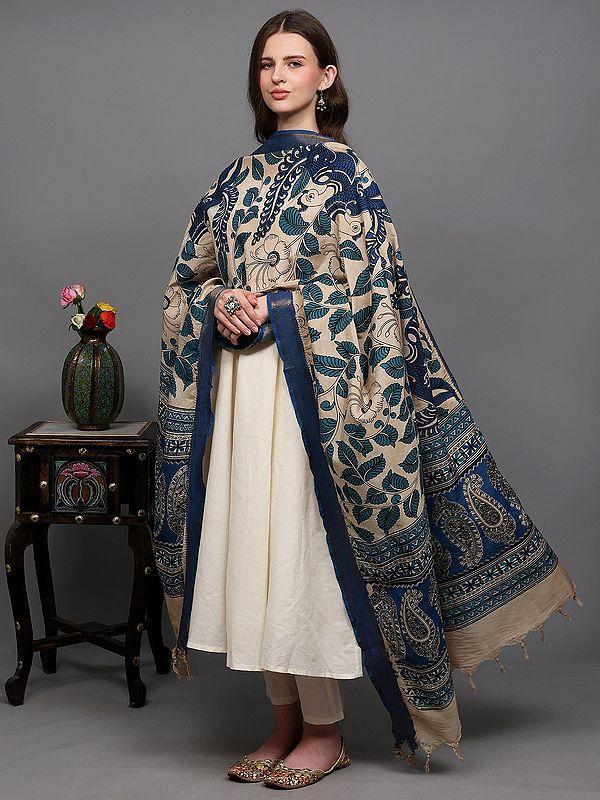 Solitary-Star Kalamkari Dupatta with Floral & Peacock Print from Telangana and Zari work Border