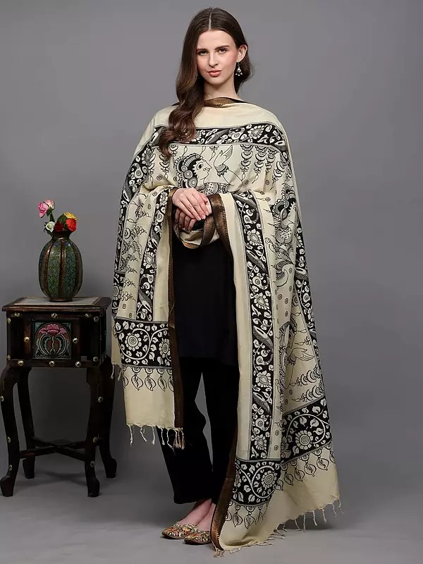 Pistachio-Shell Kalamkari Dupatta with Pen Art Hand-Painted Kathakali Dancing Ladies from Telangana