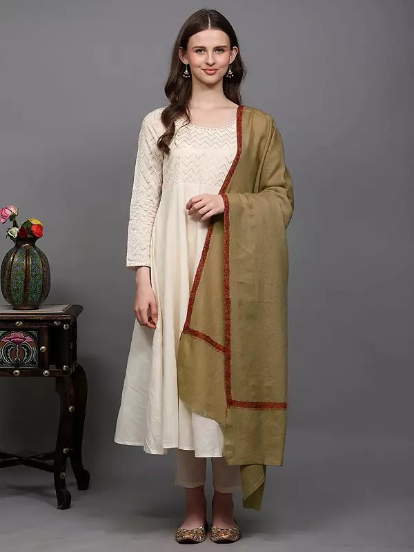 Slate-Green Pure Wool Kashmiri Shawl with Sozni Embroidered Border by Hand