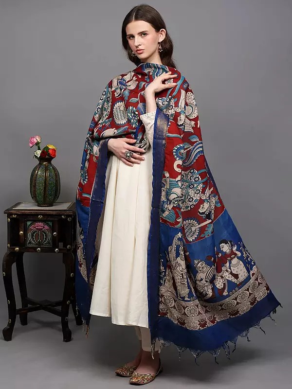 Kalamkari Dupatta with Printed Winged Apsara and Musicians from Telangana