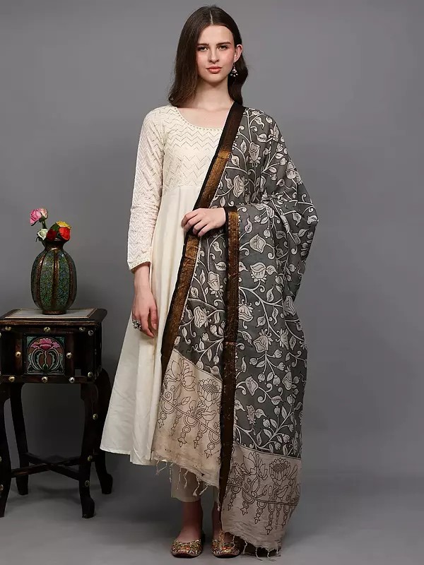 Wild-Dove Floral Vine Printed Kalamkari Dupatta with Woven Border in Golden Thread from Telangana