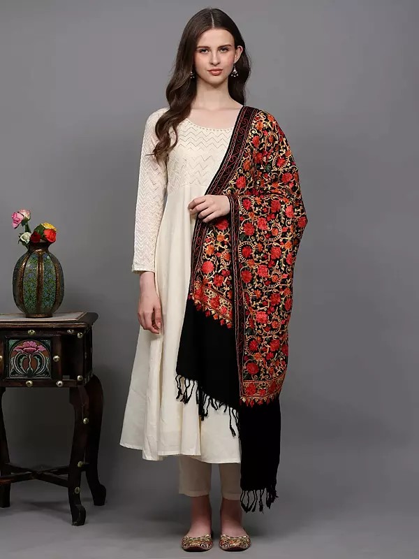 Jet-Black Wool Kashmiri Stole with Aari Embroidered Floral Jaal in Multi-Color Thread