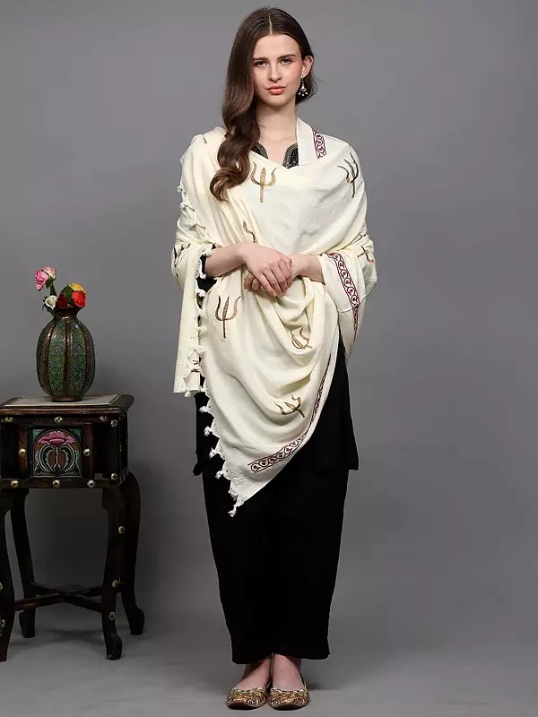 Prayer Shawl with Zari Embroidered Trishul (Trident) and Thread work Border
