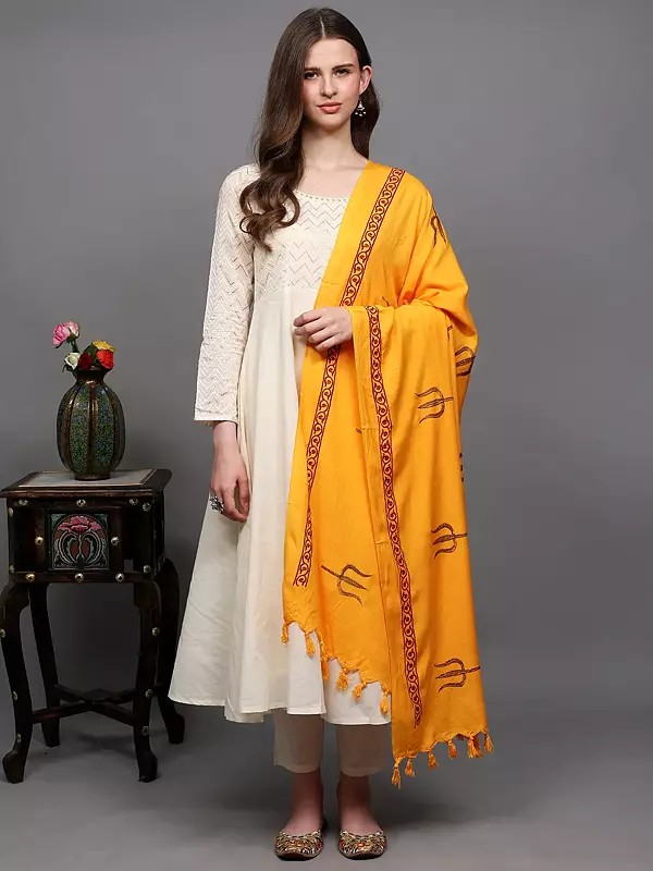 Prayer Shawl with Zari Embroidered Trishul (Trident) and Thread work Border