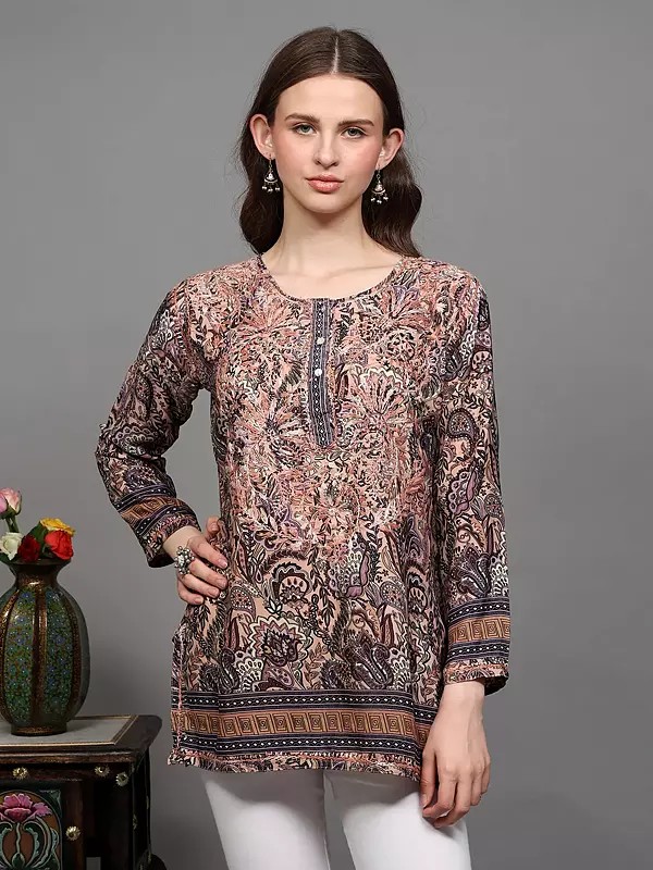 Chikankari Embroidered Crepe Short Kurti with Printed Paisleys and Flowers