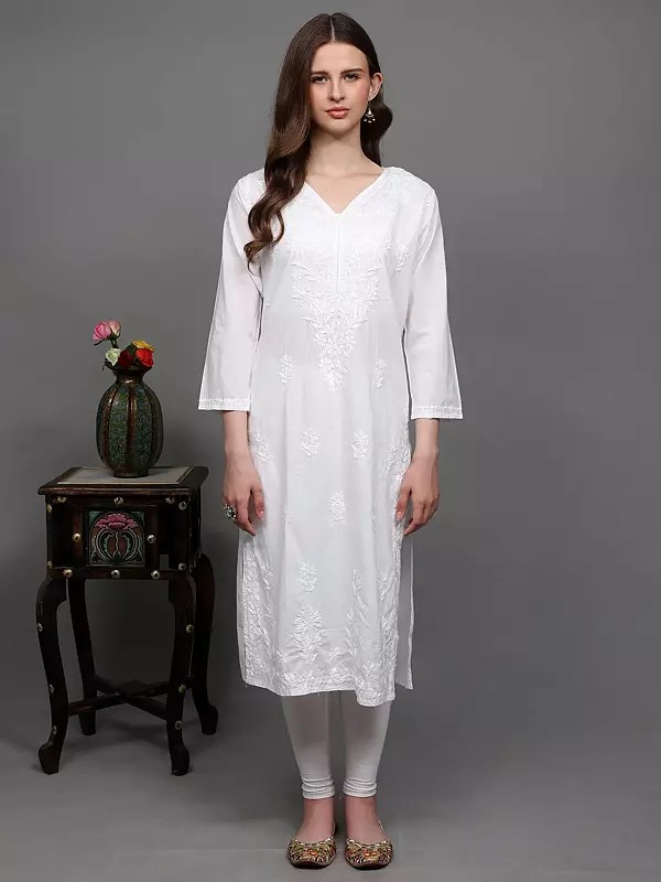 Lucent-White Pure Cotton Long Kurti with Lukhnavi Chikan Embroidery