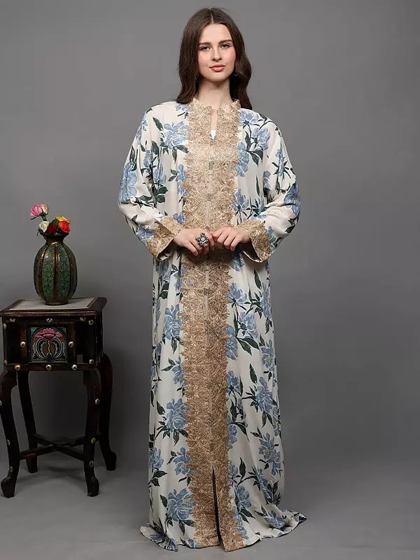 Star-White Aari Embroidered Cotton Abaya from Kashmir with Printed Giant Flowers