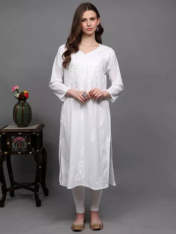 Brilliant-White Pure Cotton Long Kurti with Chikankari Embroidered Floral Motifs
