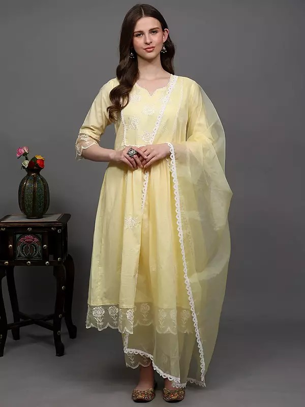 Mellow-Yellow Pure Cotton Anarkali Style Salwar Suit with Thread Embroidered Floral Roses and Scalloped Border Net Dupatta
