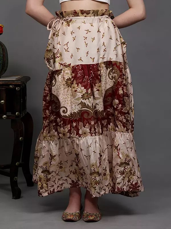 Salsa-Rosa Floral Printed Long Skirt with Both Side Drawstring Waist