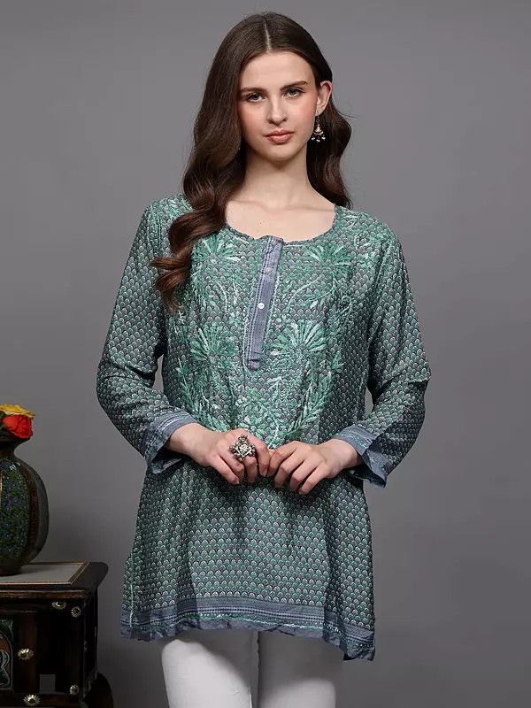 Crepe Printed Short Kurti with Chikankari Embroidery