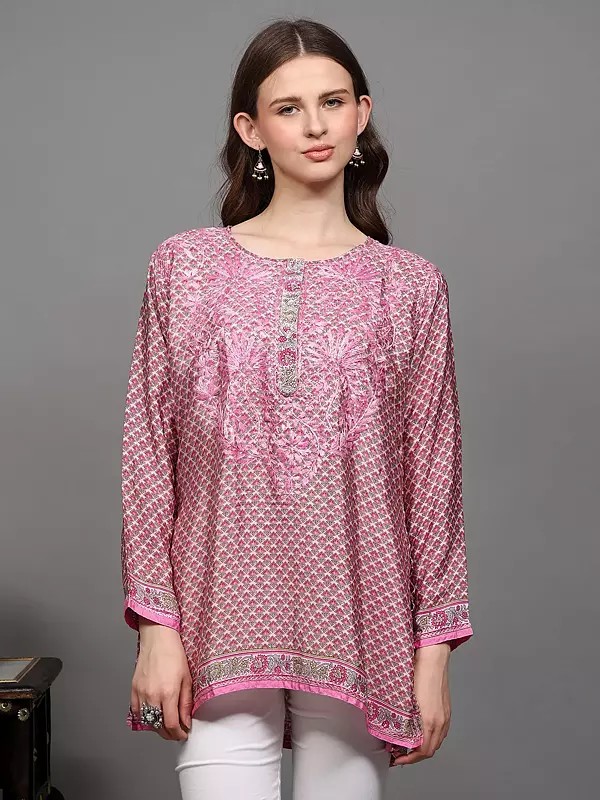 Short Kurti with Chikankari Embroidery on Neck and Printed Bootis