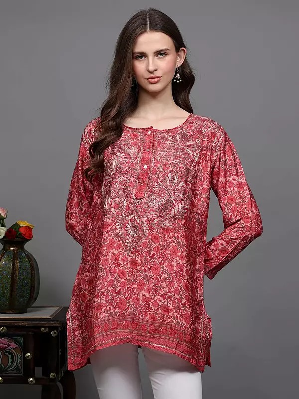 Floral Printed Crepe Short Kurti with Chikankari Embroidery
