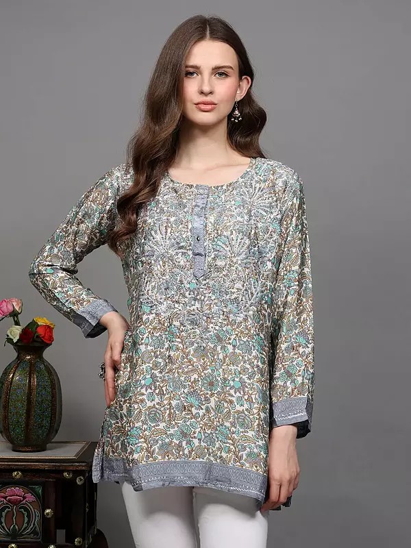 Embroidered Crepe Short Kurti with Printed Multicolor Floral Vines