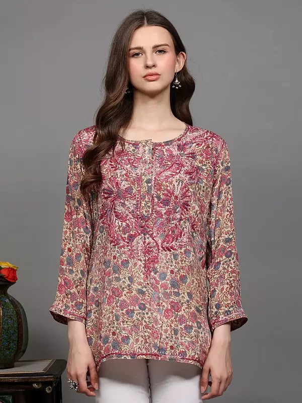 Multicolor Printed Flowers Short Kurti with Embroidery on Neck
