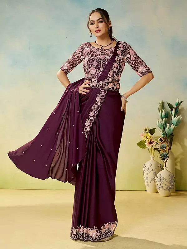 Exquisite Satin Silk Saree With Elegant Embroidery And Silver Stone Handwork With Stitched Organza Blouse