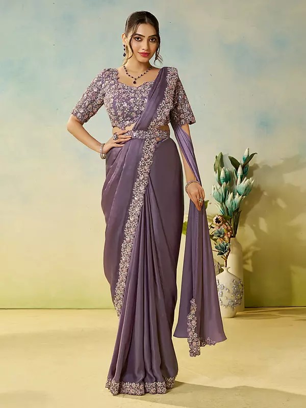 Luxurious Natural Satin Silk Saree With Dual Sequence Embroidery Multi Stone Mirror Handwork And Stitched Malai Satin Silk Blouse