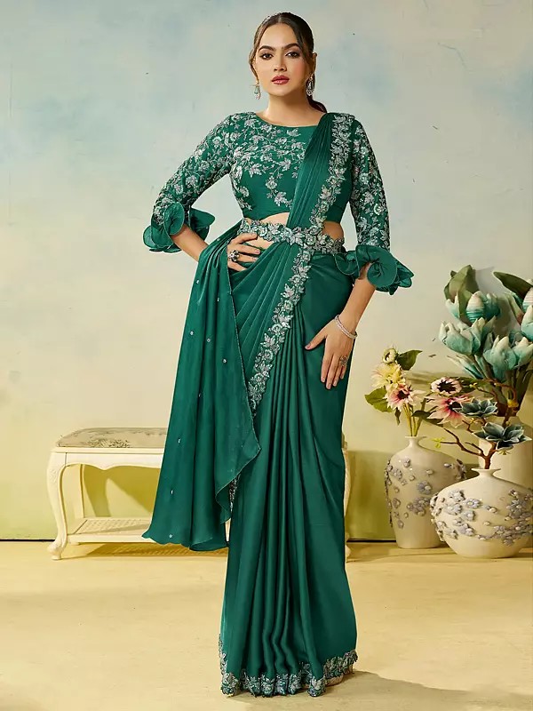 Designer Chiffon Satin Silk Saree With Silver Sequence Embroidery Stone And Pearl Handwork For Wedding Party And Festive Wear