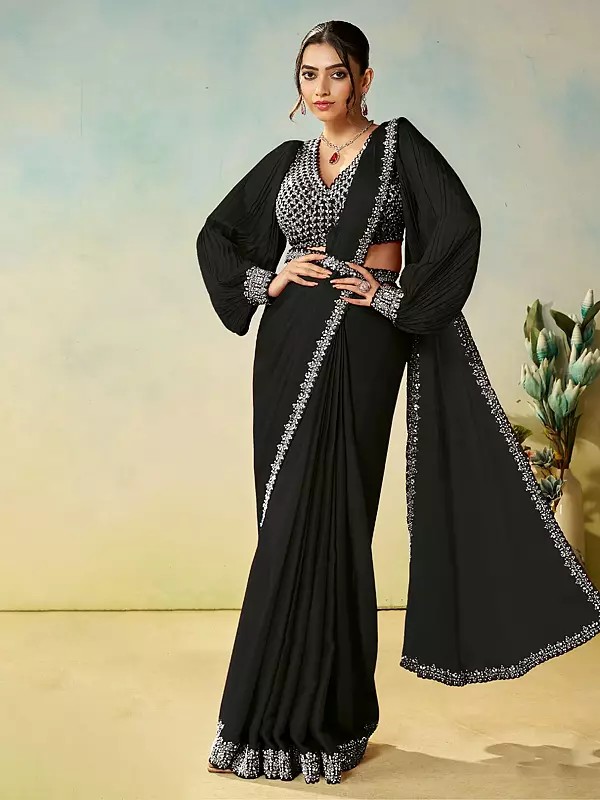 Premium Satin Silk Saree With Silver Sequence Embroidery Stone And Pearl Handcrafted Work For Bridal Wedding And Party Wear