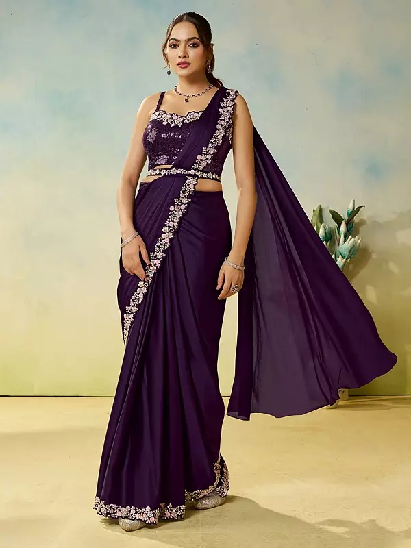 Elegant Satin Silk Saree Featuring Detailed Sequence Embroidery Applique Flower Stone Embellishments And Fine Handwork