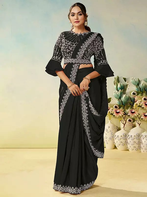 Luxury Natural Satin Silk Saree Adorned With Dual Sequence Embroidery And Silver Stone Handwork For Bridal Wedding