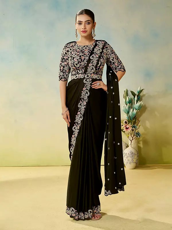 Elegant Bridal Satin Silk Saree With Detailed Dual Sequence Embroidery Pearl And Stone Handwork For Wedding Party And Festive Wear