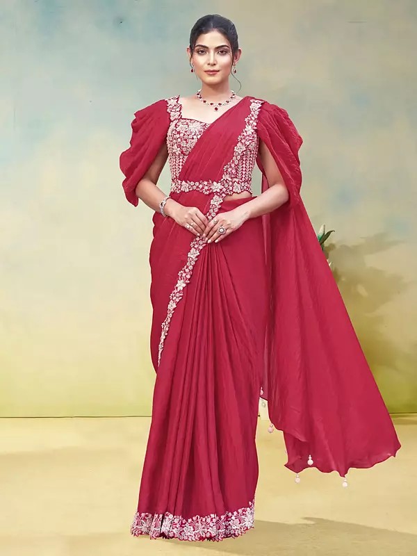 Regal Occasion Wear Two Tone Satin Silk Saree Highlighted With Dual Sequence Embellishments And Fine Hand Work